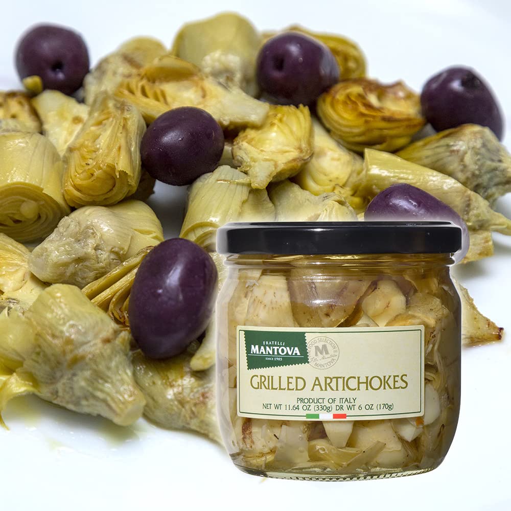 Mantova Grilled Artichokes, 11.64 oz. (Pack of 2), Product of Italy, All-Natural, Lightly Grilled Artichoke Hearts, Vegan-Friendly, Non-GMO, No Artificial Coloring, Flavoring, or Preservatives