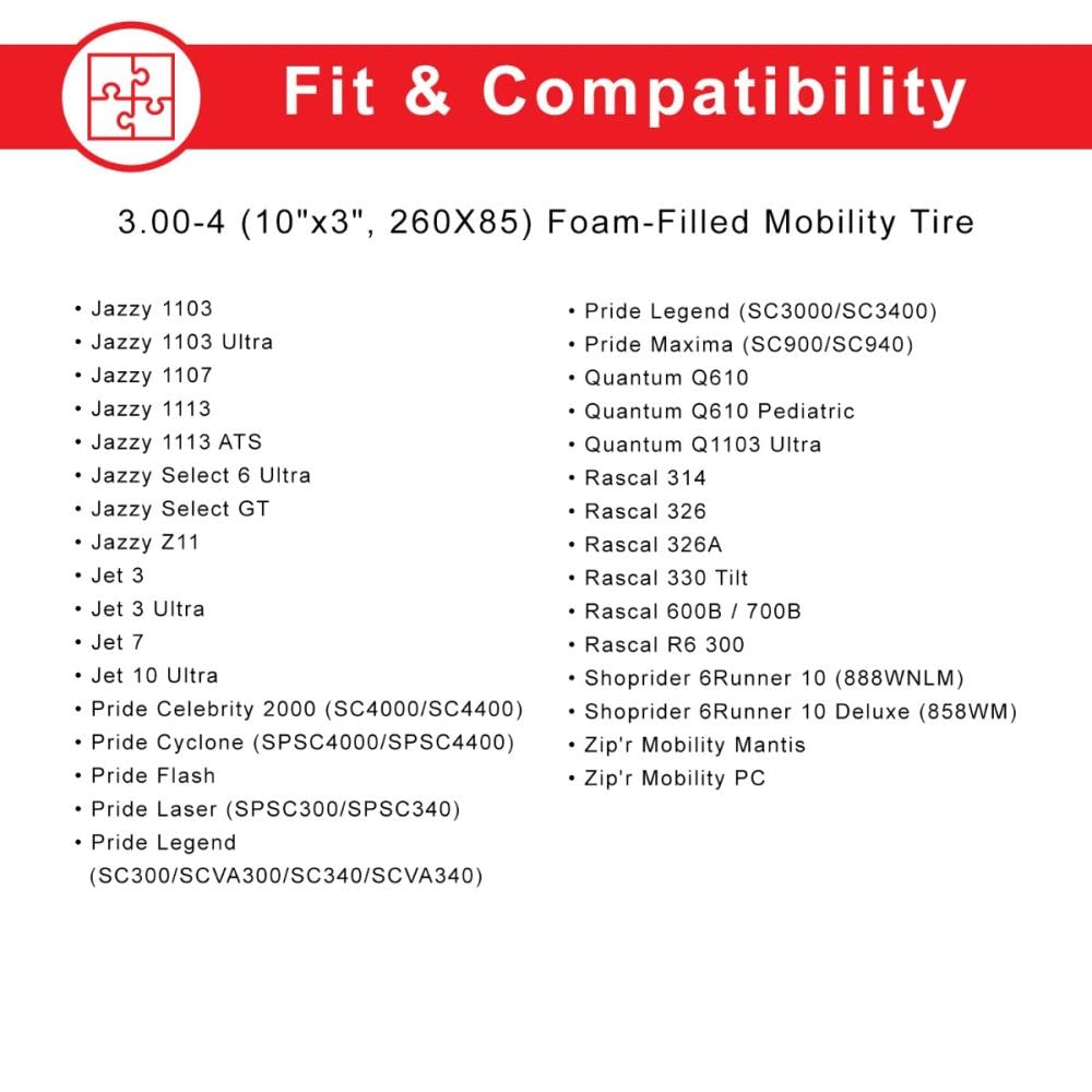 AlveyTech 3.00-4 (10"x3", 260X85) Foam-Filled Mobility Tire with Durotrap C9210 Tread (2-5/8" Bead Width) - Replacement Scooter Flat-Free Tires for Electric Scooters, Non-Marking Gray (TIRSOLI1020)