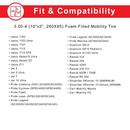 AlveyTech 3.00-4 (10"x3", 260X85) Foam-Filled Mobility Tire with Durotrap C9210 Tread (2-5/8" Bead Width) - Replacement Scooter Flat-Free Tires for Electric Scooters, Non-Marking Gray (TIRSOLI1020)