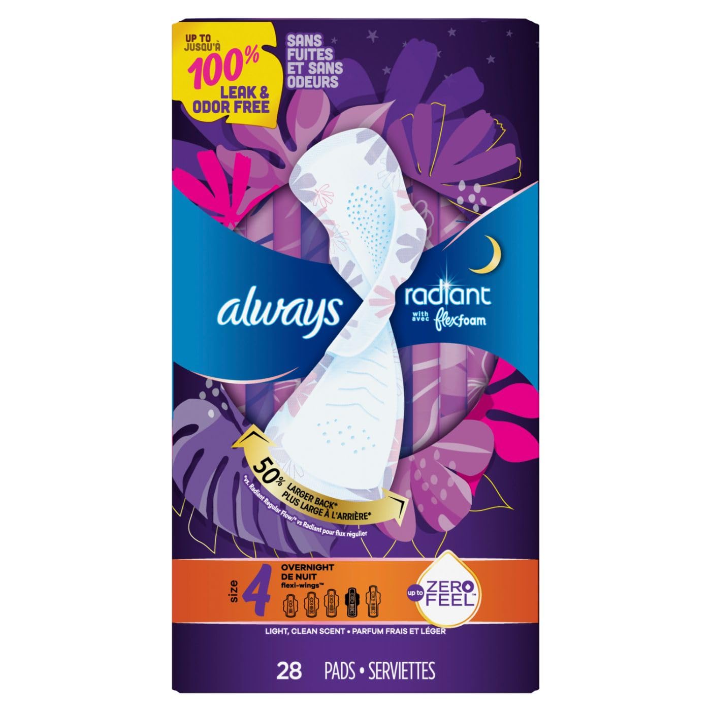 Always Radiant Feminine Pads for Women, Flexfoam Pads with Wings, Size 4, Overnight Absorbency, Lightly Scented, 28 Count