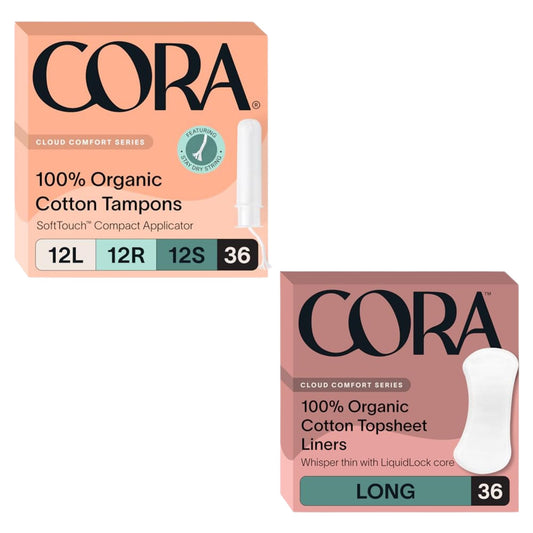Cora Organic Feminine Care | Applicator Tampon Multipack and Organic Long No Wings Liners | Eco-Conscious | 72 Total | Bundle Pack