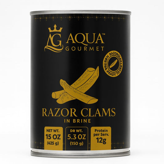 Aqua Gourmet Premium Razor Clams in Brine, Chilean Patagonian Shellfish, 15 oz Can.