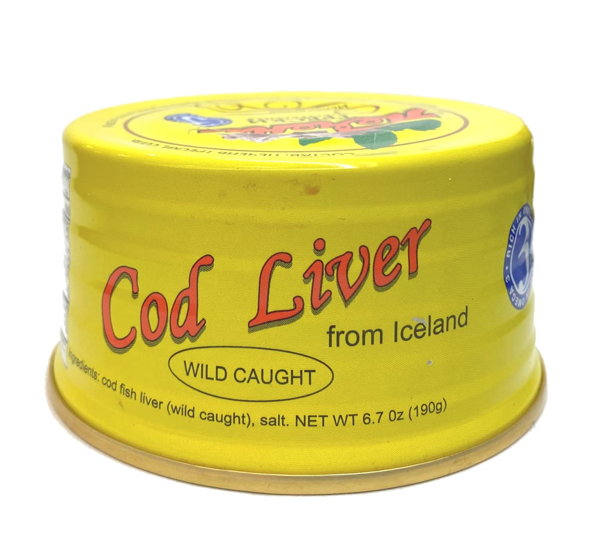 Icelandic Natural Cod Liver, 6.7oz/190g Cans (Pack of 6) with Omega 3, Wild Caught, in own Oil