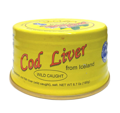 Icelandic Natural Cod Liver, 6.7oz/190g Cans (Pack of 6) with Omega 3, Wild Caught, in own Oil