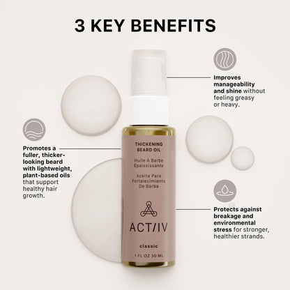 ACTIIV Thickening Beard Oil | Promotes Thicker Fuller Beard Growth, Nourishes & Softens Facial Hair, Lightweight Non-Greasy Formula, Vegan, Plant-Based, All Beard Types
