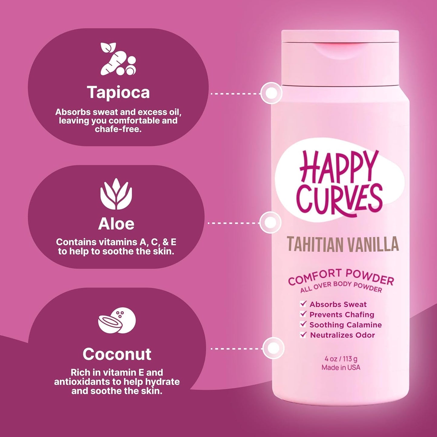 HAPPY CURVES Comfort Powder: Talc Free Anti Chafe Body & Foot Dusting Powder Deodorant for Inner Thigh Chafing, Private Areas, and All Over Body for Women 4oz (Pack of 1), Tahitian Vanilla