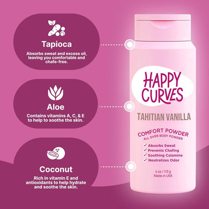HAPPY CURVES Comfort Powder: Talc Free Anti Chafe Body & Foot Dusting Powder Deodorant for Inner Thigh Chafing, Private Areas, and All Over Body for Women 4oz (Pack of 1), Tahitian Vanilla