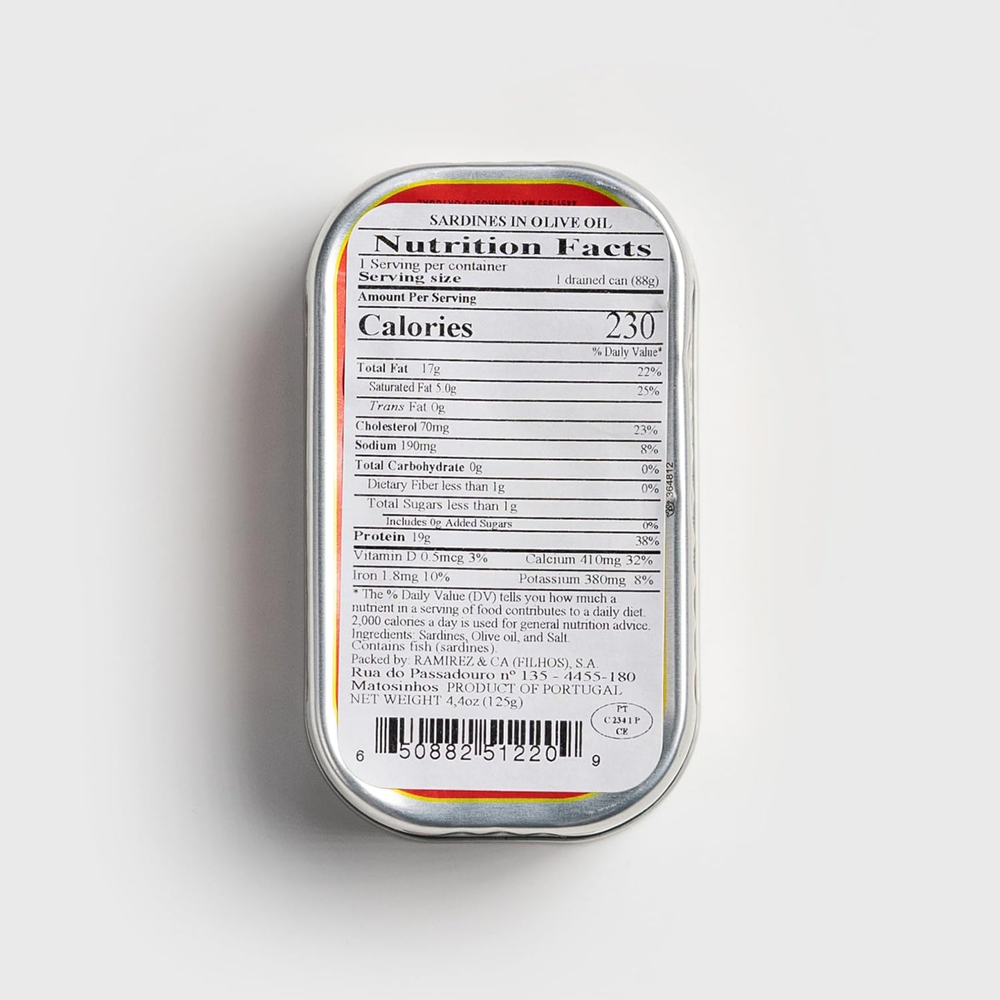 Wild Caught Sardines in Olive Oil from Portugal - 4.4 oz / 125 g (Pack of 1) - 19g Protein per Serving - Great for Snack, Pasta & Seafood Recipes