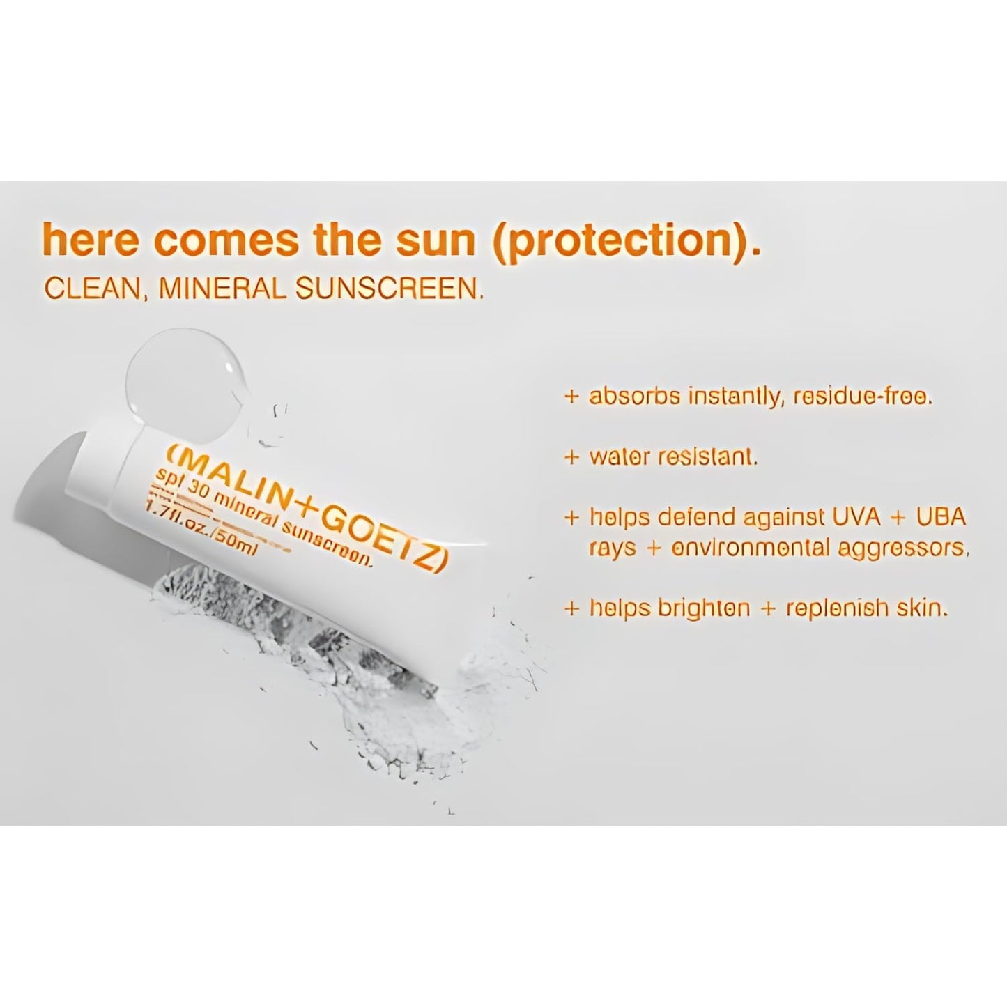 MALIN+GOETZ SPF 30 Mineral Sunscreen | Face & Body Broad Spectrum Sun Protection with Zinc Oxide, Titanium Dioxide, Shea Butter | Hydrating & Brightening | Vegan, Reef-Safe, Cruelty-Free (1.7 Fl Oz)
