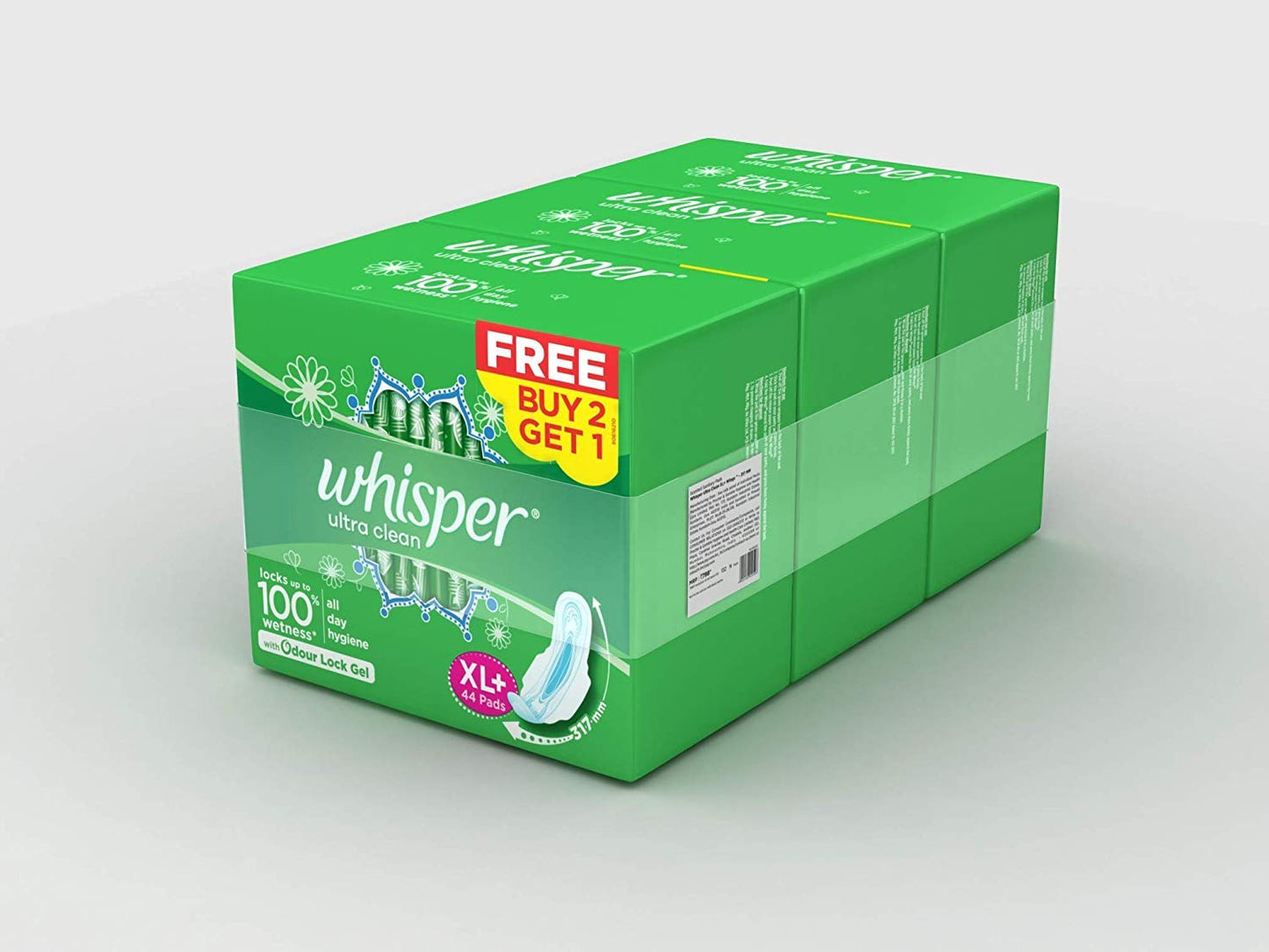 Whisper Ultra Clean Sanitary Pads for Women, XL+ Napkins (44 Count (Pack of 3))