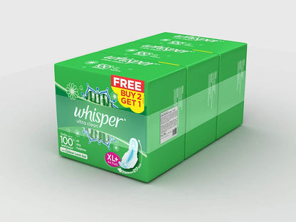 Whisper Ultra Clean Sanitary Pads for Women, XL+ Napkins (44 Count (Pack of 3))