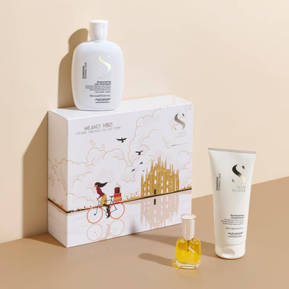 Alfaparf Milano Semi di Lino Diamond Gift Set for All Hair Types - Sulfate Free Illuminating Shampoo, Conditioner and Cristalli Liquidi Hair Oil Serum - Adds Shine and Softness