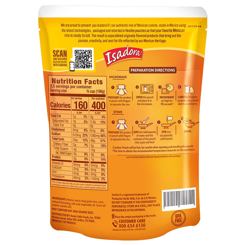 Isadora Pre-Cooked Microwave Mexican Rice with Corn, Ready-to-Eat, No Refrigeration, Heat and Eat Flavored Rice, Non_GMO, Mexican Food, 8.8 oz, 1 Pack