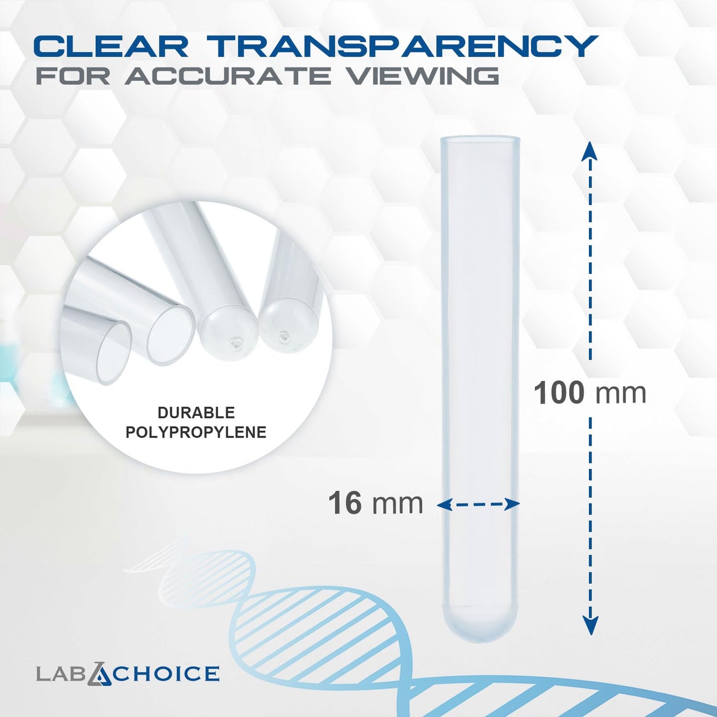 LabChoice Plastic Test Tubes - 500 Count, 16x100mm Polypropylene Test Tube for Centrifugation & Testing - Clear PP Material - Lab Equipment and Supplies
