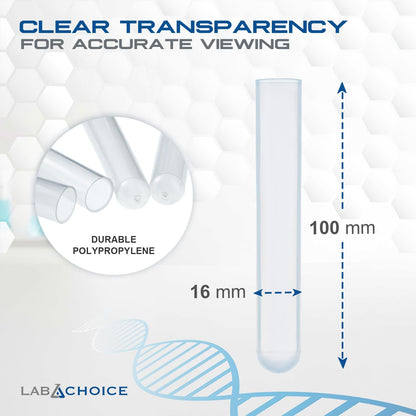 LabChoice Plastic Test Tubes - 500 Count, 16x100mm Polypropylene Test Tube for Centrifugation & Testing - Clear PP Material - Lab Equipment and Supplies