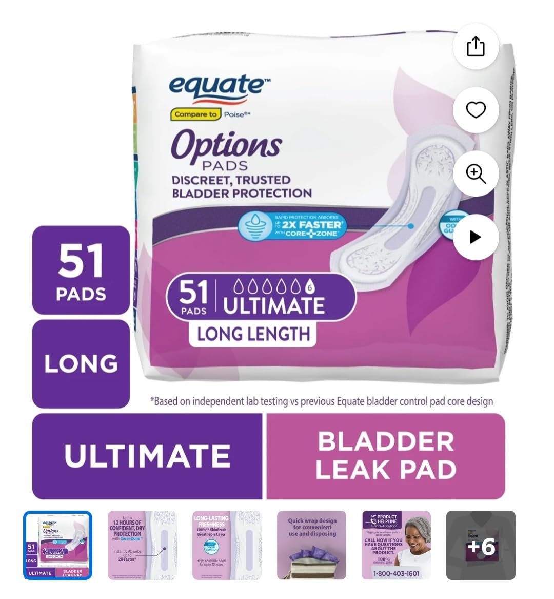 Equate Options Women's Incontinence Pads, Maximum Absorbency, Long Length (51 Units)