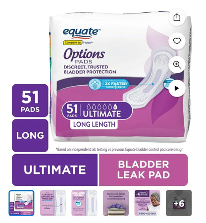 Equate Options Women's Incontinence Pads, Maximum Absorbency, Long Length (51 Units)