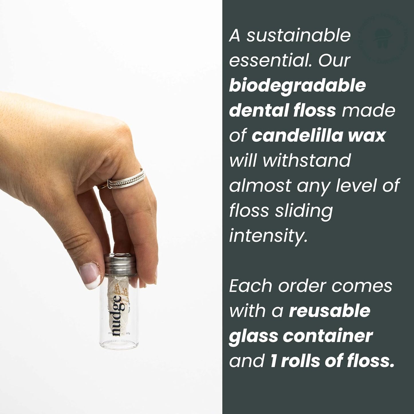 Nudge Clean Sustainable Silk Dental Floss Refill Set, Reusable Glass Dispenser with 4 x 30m All Natural Silk Floss Spools, Plant Based Wax Coated, PFAS Free Oral Care
