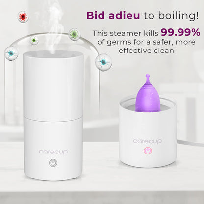 Menstrual Cup Sterilizer - Modern Menstrual Cup Cleaner Unscented Sanitizer - 2-Minute Automatic Steam Wash - Holder Fits Small Soft & Large Period Disc - 99.9% of Germs (Steamer + Cups)