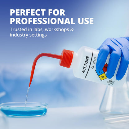 United Scientific™ UniSafe™ Acetone Squeeze Bottle, Wide Mouth Wash Bottles 500mL (16oz), Pack of 6 – Pre-Labeled LDPE Chemical Wash Bottle w/Red Color-Coded Cap, Self-Venting Leak-Proof Lab Bottles