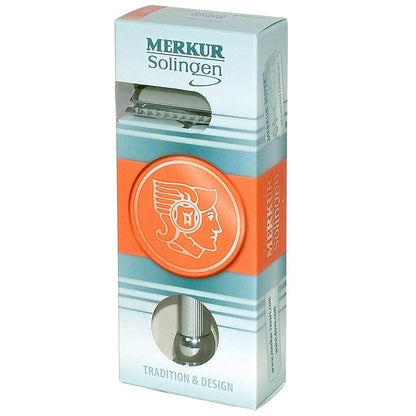 MERKUR 47C Double Edge Safety Razor – Long Handle Three-Piece Straight Cut Razor, Bright Chrome Finish, Engine-Turned Grip, Smooth Shave, Designed & Made in Germany