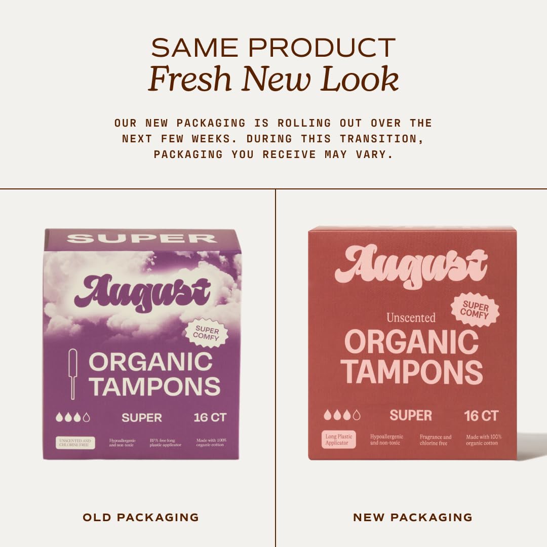 August Super Tampons - 24-Pack 100% Organic Cotton Tampons for Women and Anyone Who Menstruates, Non-Toxic, Fragrance-Free, and Hypoallergenic with Long Applicators