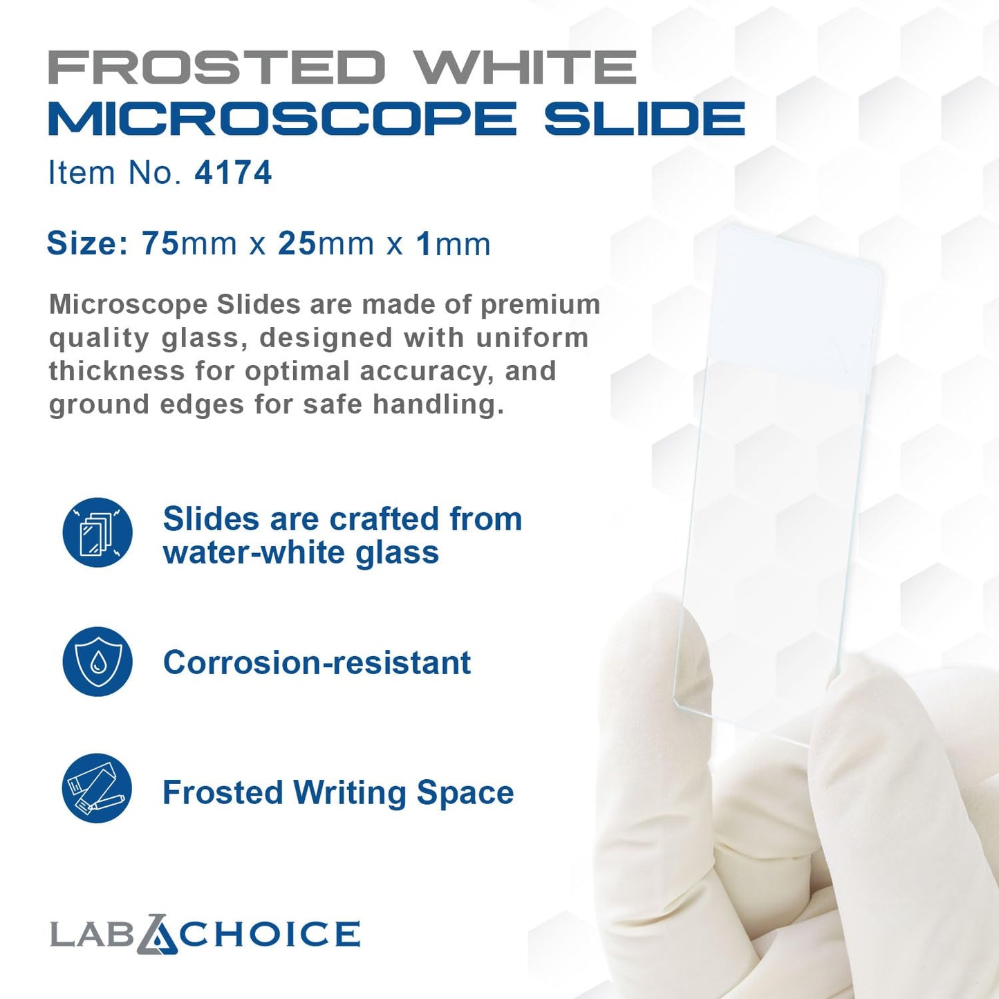 LabChoice Microscope Slides - Super Grade Green Glass Construction - Corner Grounded, 3"x 1" (75mm x 25mm x 1mm), Frosted White - Box of 72 Slides