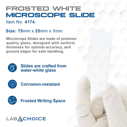LabChoice Microscope Slides - Super Grade Green Glass Construction - Corner Grounded, 3"x 1" (75mm x 25mm x 1mm), Frosted White - Box of 72 Slides