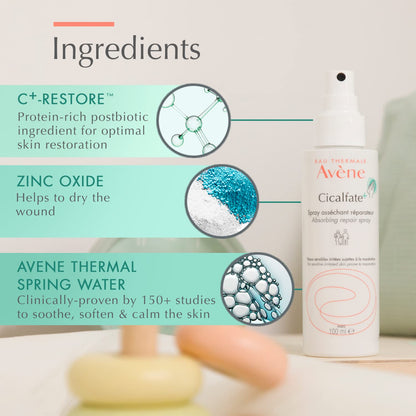 Avène Cicalfate+ Absorbing Soothing Spray to dry and restore irritated, sensitive skin, helps restore skin barrier, safe for infants, children and adults