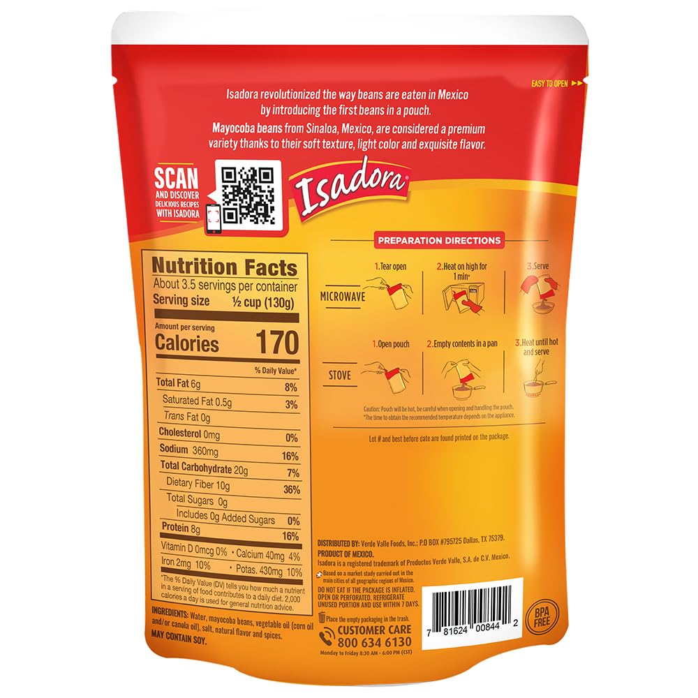 Isadora Mayocoba Refried Beans in Pouch (Pack of 8), Delicious Peruano Refried Pinto Beans, Microwave Food Premade Meals, Plant Based Protein,15.2 oz