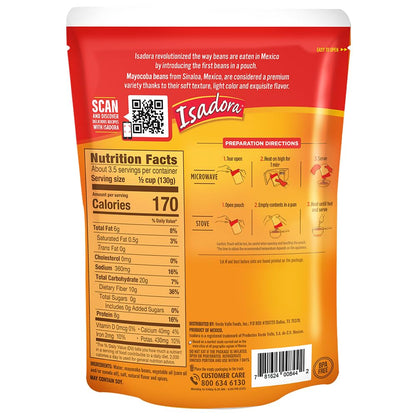 Isadora Mayocoba Refried Beans in Pouch (Pack of 8), Delicious Peruano Refried Pinto Beans, Microwave Food Premade Meals, Plant Based Protein,15.2 oz