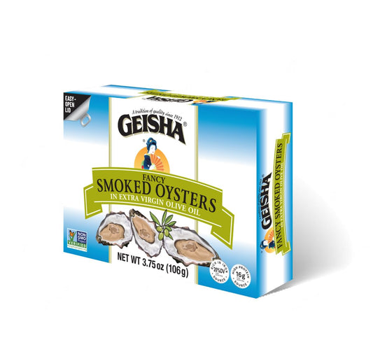 GEISHA Smoked Oysters in Extra Virgin Olive Oil 3.75oz(Pack of 12), Smoked Oysters | Zero Trans Fat - No Sugar Added – Farm Raised – Rich in Iron(20% DV per serving) – Gluten Free – Good Source of Protein(32% DV per serving) – NON-GMO Project Verified