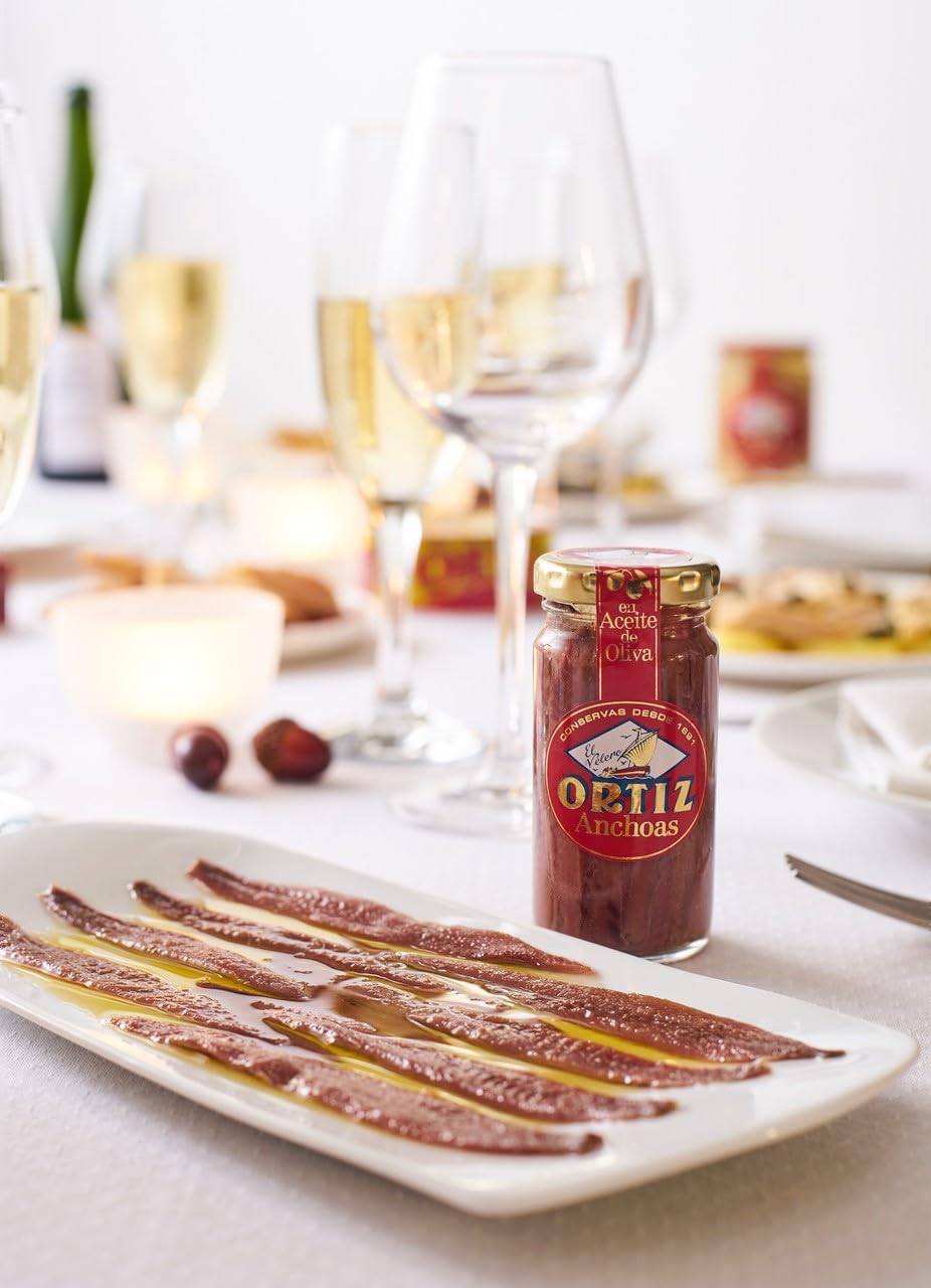 Ortiz Anchovies in Extra Virgin Olive Oil, Firm Buttery Fillets with a Rich Umami Taste, Wild Caught in Spain, Great for Pizza, Pasta and Caeser Salad, 3.3oz Glass Jar (Pack of 1)