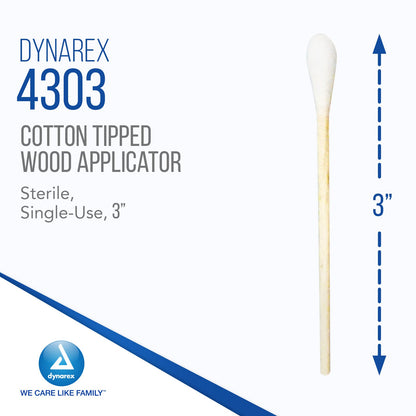 Dynarex 3-Inch Sterile Cotton Tipped Applicators - Single-Use Wooden Cotton Tip Applicators for Wound Care & Dressing, Hygiene, Make Up, Cleaning Tools, Jewelry - 2 per Pouch, 200 Pouches x 10 Boxes
