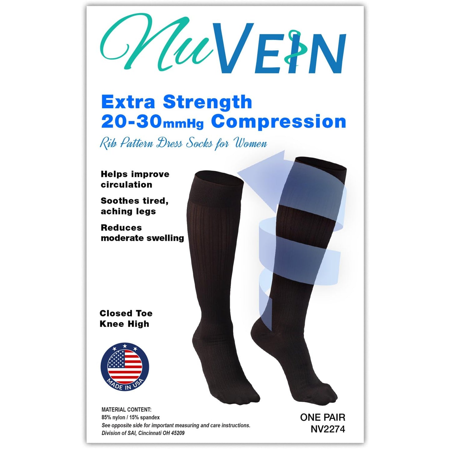 NuVein Women's Compression Socks, 20-30 mmHg Support, Rib Knit Pattern, Over Calf Knee High