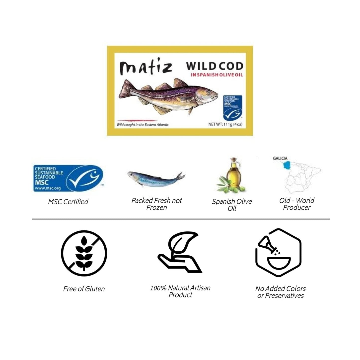 Matiz Wild Cod in Olive Oil | From Spain | Natural Artisan Wild Caught Fish | Packed Fresh, Never Frozen | (1 Pack)