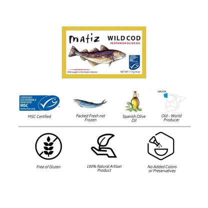Matiz Wild Cod in Olive Oil | From Spain | Natural Artisan Wild Caught Fish | Packed Fresh, Never Frozen | (1 Pack)
