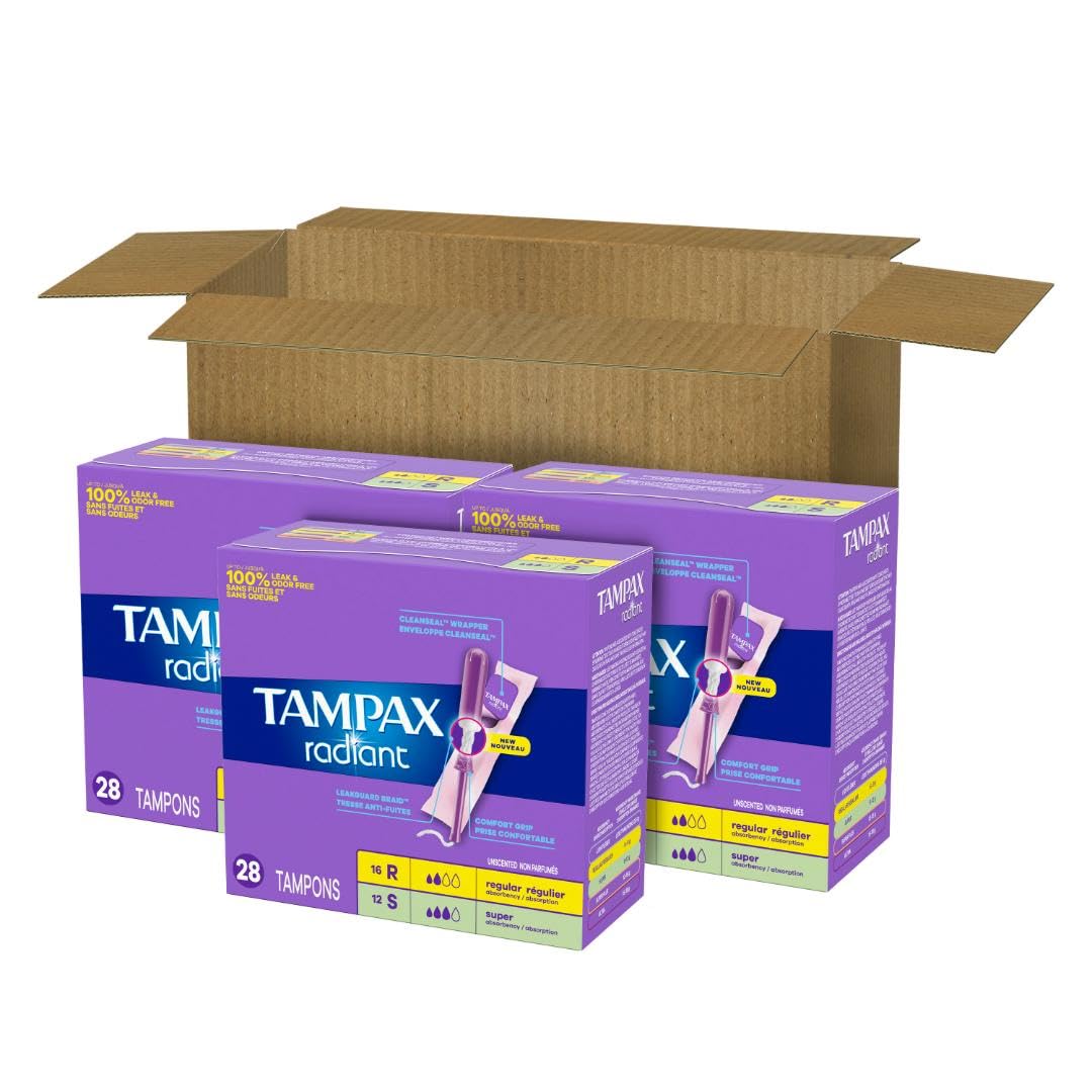 Tampax Radiant Tampons for Women Multipack, with LeakGuard Braid, Regular/Super Absorbency, Unscented, 84 Count (3 Packs of 28)