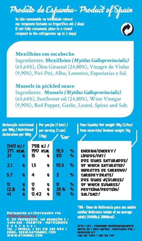 Spanish Mussels Canned in Spiced Pickled Sauce | B Vitamins, Omega-3 | Tinned Seafood by Ati Manel | 1 x 110g Cans