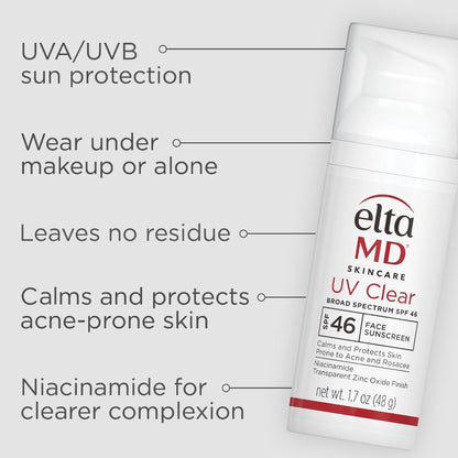 EltaMD UV Clear Face Sunscreen SPF 46, Oil-Free Sunscreen with Zinc Oxide, Dermatologist Recommended
