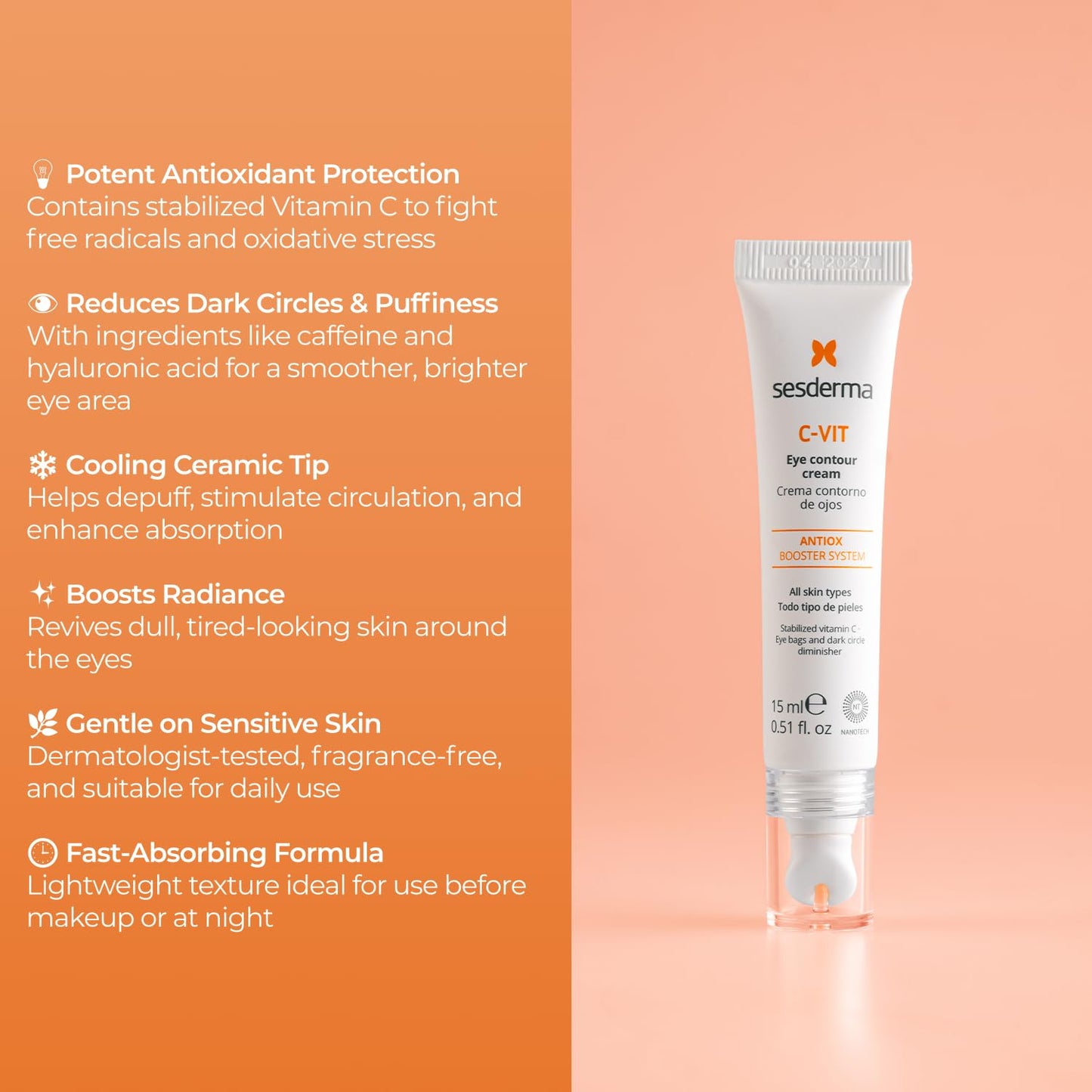 Sesderma C-VIT Eye Contour Cream - Targets Wrinkles, Antioxidant Protection and Tired Eyes, 0.5 fl oz.