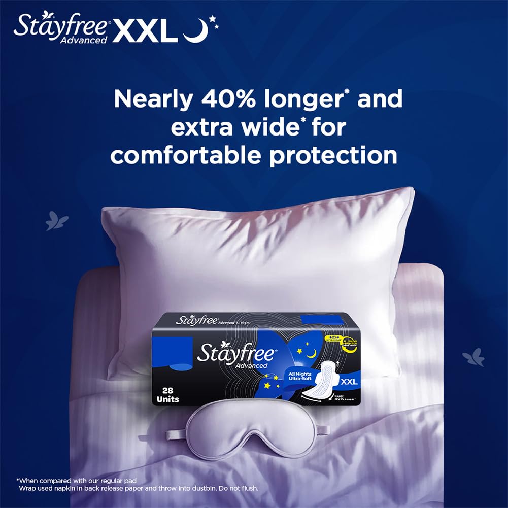Stayfree Advanced Extra Large All Night Soft Cover Sanitary Pads For Women With Wings, 28 Pads