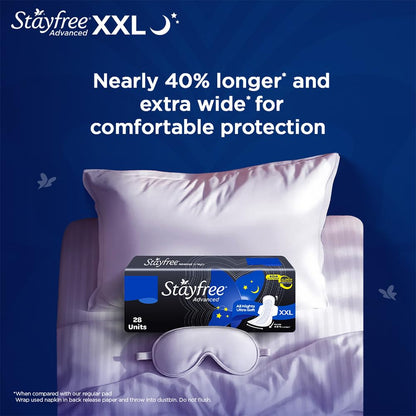 Stayfree Advanced Extra Large All Night Soft Cover Sanitary Pads For Women With Wings, 28 Pads