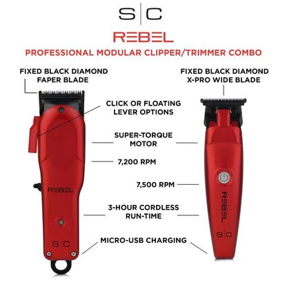 Stylecraft Rebel Professional Modular Cordless Hair Clipper and Trimmer with Super-Torque Motor Combo Set