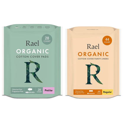 Rael Period Bundle - Organic Cotton Cover Petite Pads (28 Count) & Panty Liners (Regular, 44 Count)