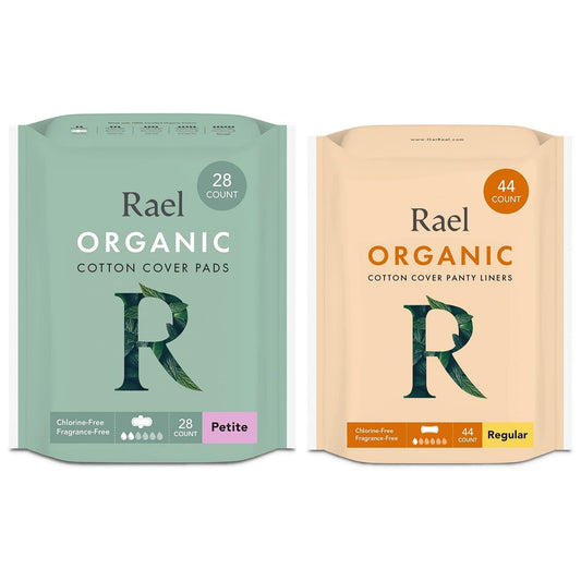Rael Period Bundle - Organic Cotton Cover Petite Pads (28 Count) & Panty Liners (Regular, 44 Count)