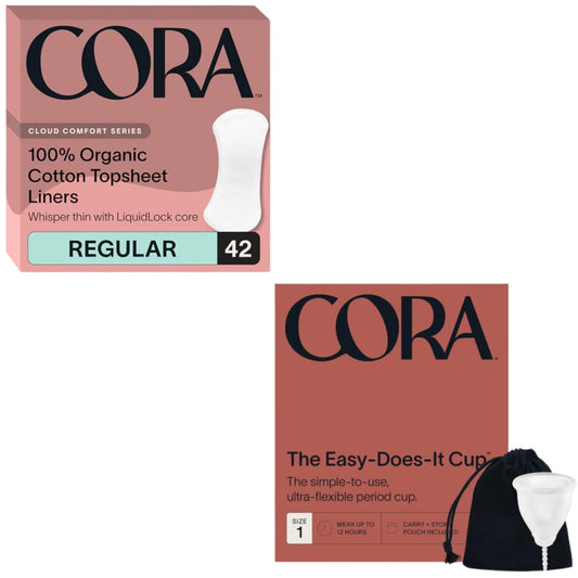 Cora Organic Feminine Care | 42 Long No Wings Liners and a Menstrual Period Cup | Medical Grade Silicone | Eco-Conscious | Bundle Pack