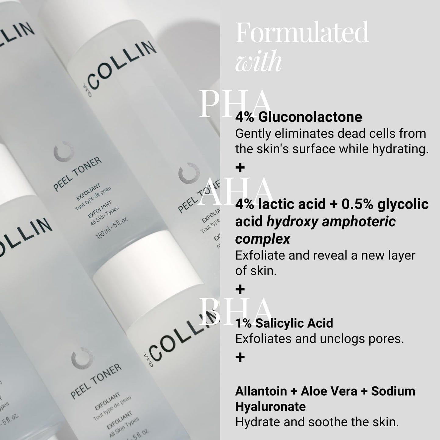 G.M. COLLIN Peel Toner Exfoliant | Daily Leave-On Liquid with AHA BHA PHA | Salicylic Acid Toner for Pores & Smooth Skin | Aloe Vera Soothes & Hydrates