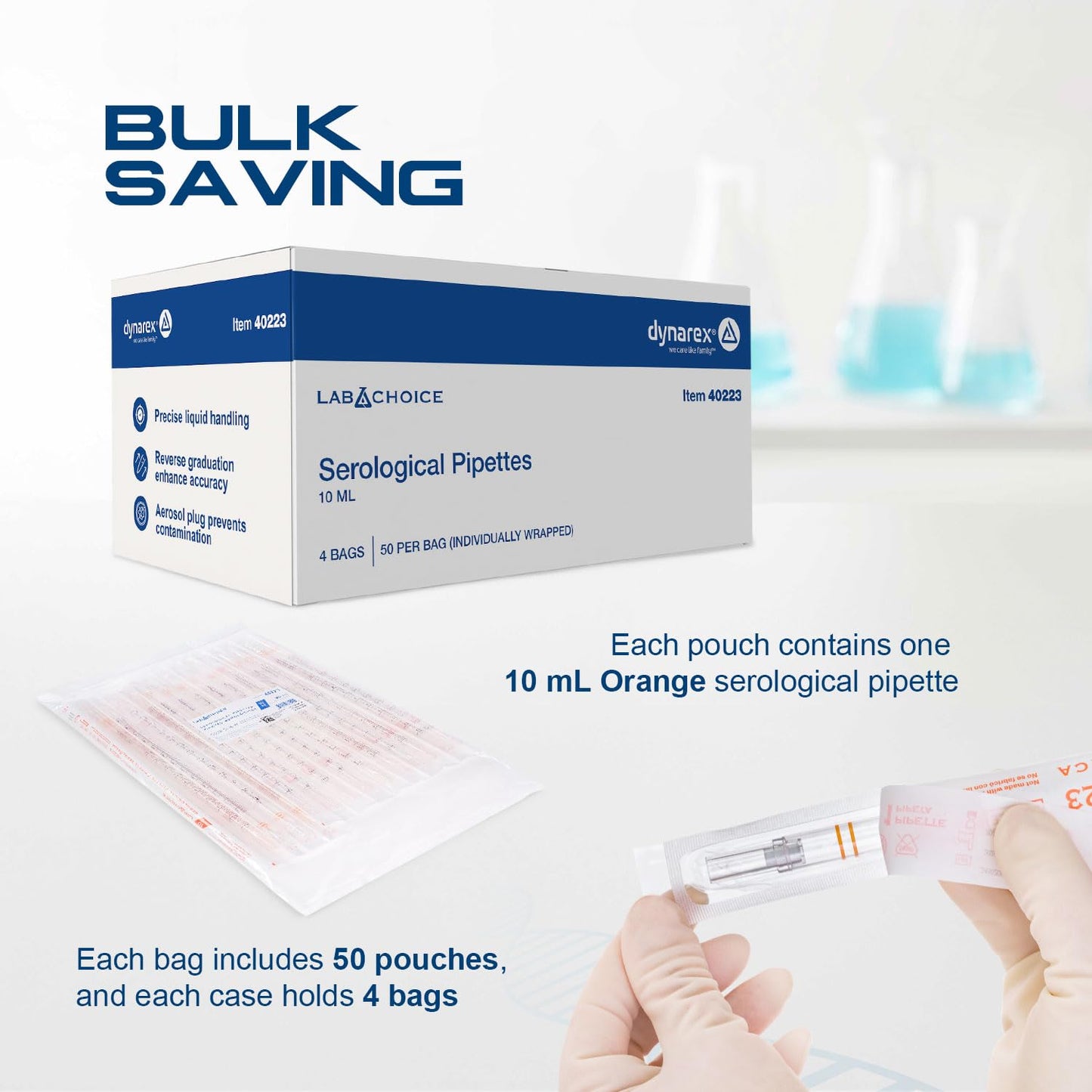 LabChoice Serological Pipettes - 200 Count - Plastic Disposable Sterile Pipettes, Individually Packed Graduated Transfer Pipette for Laboratory Use - 10mL, Orange