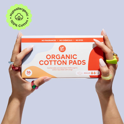 Aunt Flow Organic Cotton Pads with Wings - Regular Absorbency Menstrual Pads, Dioxin-Free, Hypoallergenic, 36 Count